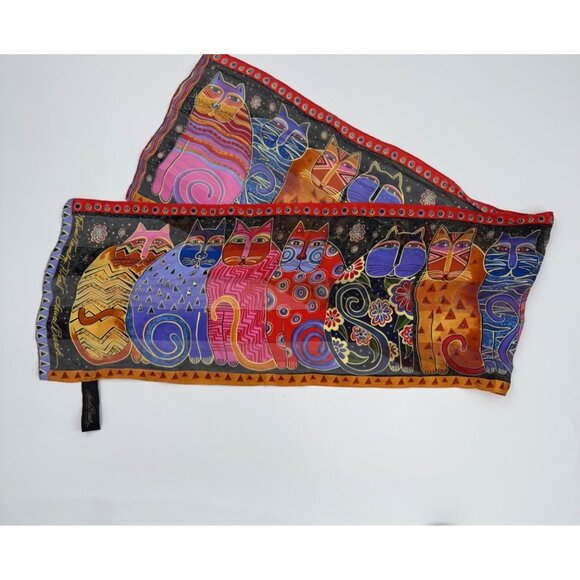 Laurel Burch "Feline Family Portrait" 100% Silk Scarf Vibrant Multicolor Cat Des - Picture 5 of 14